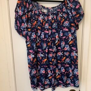 Soft navy blouse with bright print, Terra&Sky, size 3X